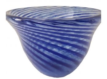 Blue & White Swirled Murano Small Glass Bowl - Polished Bottom Pontil Mark 5'H X 6 1/2' Across