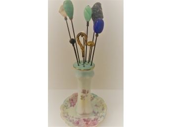 Vintage Hat Pins & Porcelain Stamped Hat Pin Holder