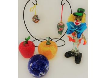 6 Pieces Decorative Glass Lot: Murano 1950's Clown, Blue Paper Weight, Swirled Murano Ornament, Others