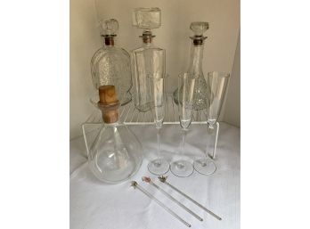 BAR GLASS DECANTER LOT- 4 DECANTERS, 3 CHAMPAGNE GLASSES