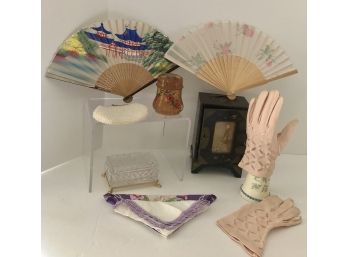 Ladies' Vintage Lot - Hankies, Gloves, Glass Trinket Box, Asian Jewelry Box, 2 Fans, Wood Jar, Coin Purse