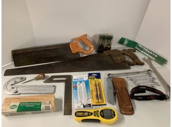 Assorted Tool, Etc. Lot- Saws, Wrenches, Squares, More