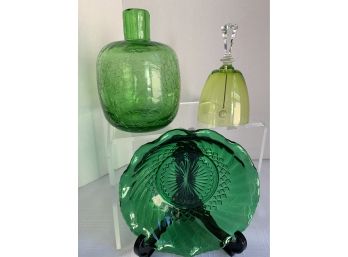 Green Blenko Crackle Glass Bottle/Vase; Green Ruffled Bowl. Lime Green Crystal Bell