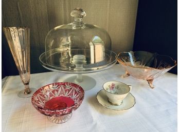 Assorted Glass Lot- CAKE STAND, DOME, RED CUT TO CLEAR FOOTED DISH, PINK CHAMPAGNE GLASS, PINK TRI-FOOTED BOWL