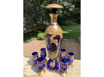 Original Label- BOHEMIA CRYSTAL CZECHOSLOVAKIA COBALT & GOLD DECANTER & CORDIAL SET