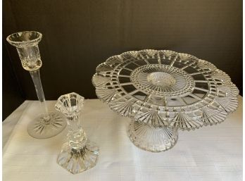 Antique EAPG 1888 Pattern Glass Block & Fan Romeo Cake Stand Richard & Hartley & CANDLESTICKS LOT