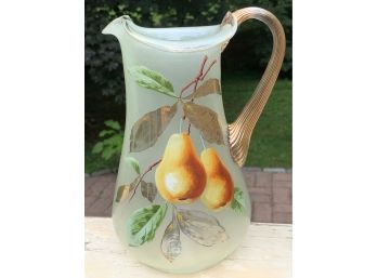 ANTIQUE 9-1/2' VICTORIAN TRANSLUCENT LIGHT GREEN GLASS Hand Painted &  GILT PITCHER ROUGH PONTIL