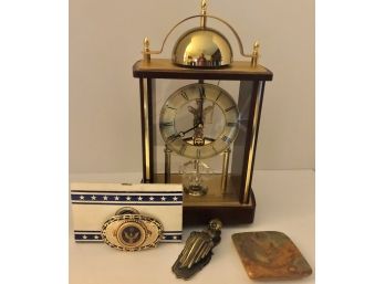 Lot Of Miscellaneous Items: Citizen Quartz Mantle Clock, Marble Holder, Letter Clamp, Belt Buckle NIB