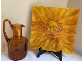 ANTIQUE 10” TALL X 4-3/4” ORANGE PITCHER PANELS APPLIED HANDLE PONTIL; 12” SQUARE SUN PLATTER- NEWER