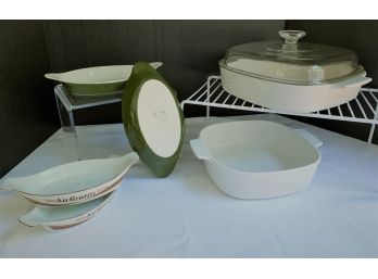 7 Pc. CASSEROLE/AU GRATIN LOT: GREEN HALL #528, MINI-MICRO, CORNINGWARE (SEE DESCRIPTION)