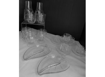 CLEAR GLASS LOT-2 BEDSIDE WATER CARAFE SETS; SET OF 3 SHRIMP COCKTAIL SERVERS; 5 ESPRESSO; 2 LEAF PLATES