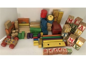 Large Lot Of Assorted Vintage Wooden & Toy Building Blocks