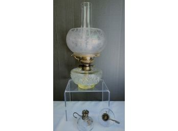 BEAUTIFUL GLASS OIL LAMP ETCHED LEAF MOTIF- 2 VINTAGE MINIATURE SWIRL OIL LAMP BASES ONLY (see Description)