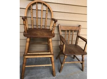 Two Children's Vintage Wooden Chairs - 35' X 14' High Chair - Smaller Chair Measures 24' H X 12' W