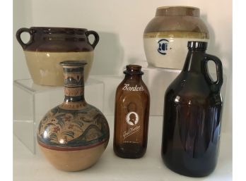 5 Assorted Ceramic Pottery/glass/wood Items Lot  - Bean Pots, Bottles, Wood Vase