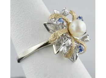 14k Two Tone Pearl, Diamond And Blue Topaz Ring