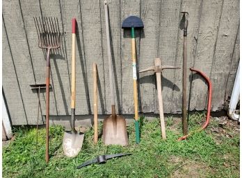 Assorted Garden Tools Lot - Includes Bow Saw, Pitch Fork And Shovels
