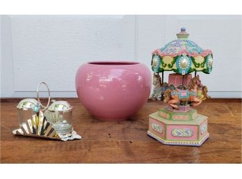 Lot Of Pink Girly Decor Accessories: Music Box, Silver Plated