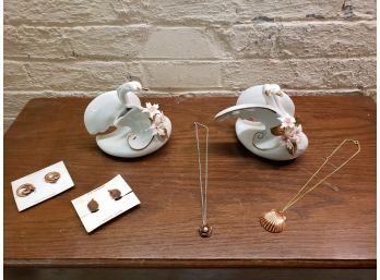 Porcelian Swans And Jewelry Lot