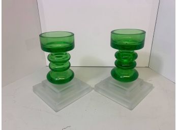 Pair Of Glass Candlesticks With White Frosted Base