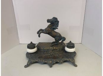 Victorian Style Brass Inkwell With Porcelain Ink Pots