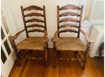 Pair Of Vintage Ladderback Armchairs With Rush Seats