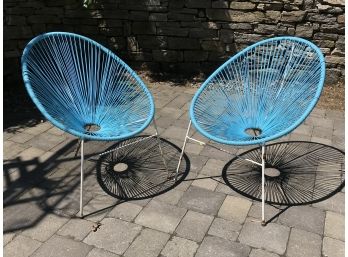 Pair Of Fantastic 'Spaghetti Chairs' - Wrought Iron Frames W/Blue Seats GREAT MODERN LOOK !
