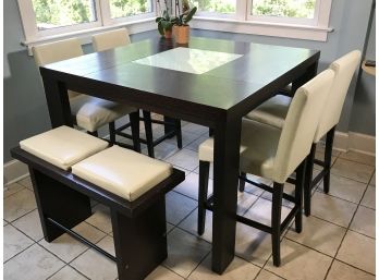 Very Cool Black Tall Kitchen Table W/ Two (2) Benches & Four (4) Chairs