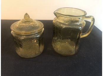 Depression Glass Water Pitcher & Cookie Jar