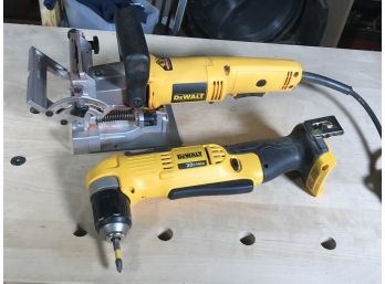 (T21) Two DeWalt  Power Tools - 20V Right Angle Drill / Driver & T21 2 DeWalt 4' Plate Joiner
