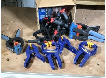 (T63) Box Chock Full Of Hard Plastic Clamps (Over 25 Pieces) - IRWIN - BANDY CLAMP & Others ! NICE LOT !