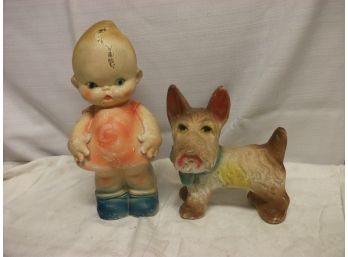 2 Vintage Chalkware Figures - Scottie Dog & Cupie Doll Possibly?