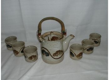 Vintage OMC Japan Otagiri Tea Set Ceramic Teapot Rattan Handle With 6 Cups
