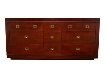 Lane Campaign Style Nine Drawer Wood Dresser With Original Brass Hardware