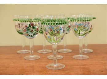 Set Of Eight Hand Painted Floral Design Wine Goblets