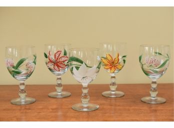 Set Of Five Hand Painted Exotic Floral Design Water Glasses