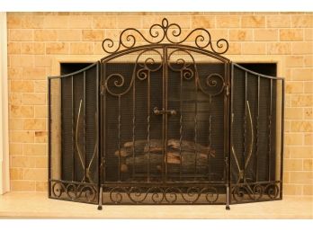 Large Decorative Hand Forged Cast Iron And Mesh Fireplace Screen