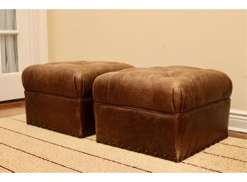 Pair Of Pottery Barn Distressed Leather Cube Tufted Ottomans With Nailhead Trim