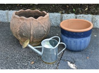 Large Pottery Cabbage Design Planter, Blue Glazed Planter And Watering Can