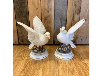 Pair Large Porcelain Vintage White Dove Figurines By Andrea Sadek