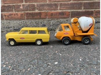2 Vintage 1970’s Steel Tonka Trucks Orange Cement Mixer & Yellow Jeep