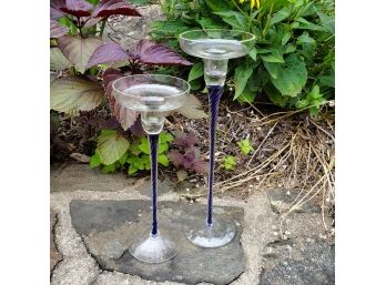 Murano Glass Handblown Candlesticks, Clear And Blue