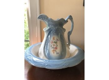 Vintage Ironstone Blue Floral Pitcher And Bowl Set