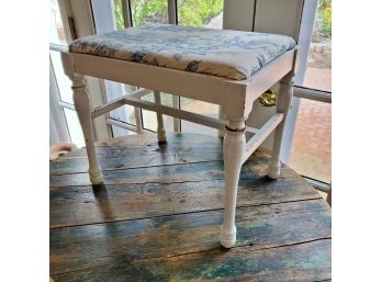 Painted White Bench With Blue And White Toile Fabric