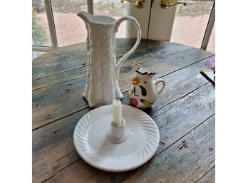 Mixed Lot (3) - Chicken Pitcher (Italy), White With Grapes Pitcher, White Candle Holder (Portugal)