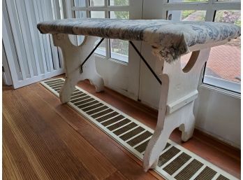 AS-IS - Lovely White Painted Bench With Navy And White Toile Fabric