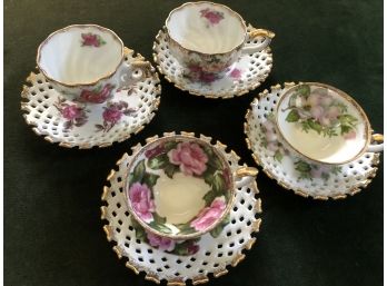 Antique China Lot (3 Of 3) 4 Tea Cups And Saucers - Lattice