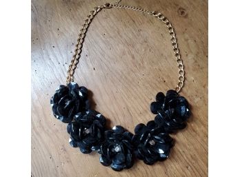 Costume Jewelry Lot (2) - Black Floral And Crystal 17' Necklace And Black And Acrylic Stretch Bangle Bracelet