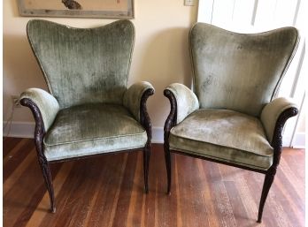 Incredible Lines! Pair Antique Green Velvet Chairs - AS-IS