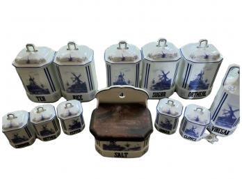 Antique Hutschenreuther Altronlau Csechoslovakia Set Of Delft Windmill Kitchen Canisters